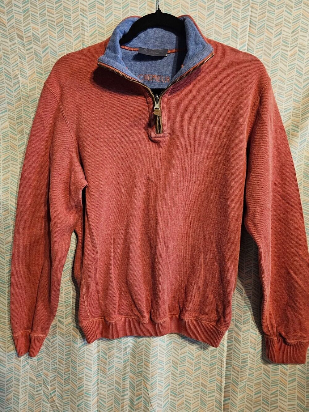 Cremieux Mens 1/4 Quarter Zip Sweater Cotton Elbow Patch Small Coral Orange Blue